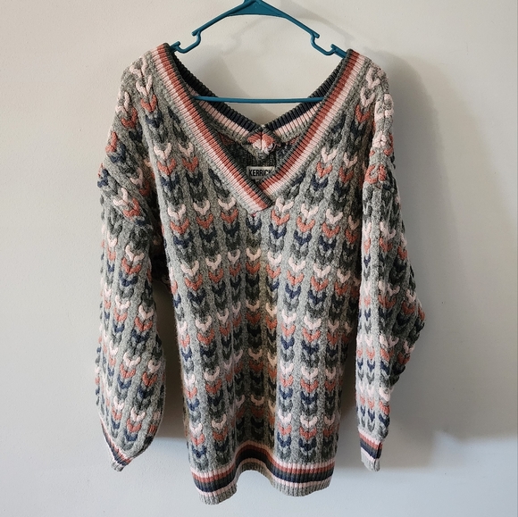 Cottage Core Chunky Woven Sweater Womens Size M Gray Mauve Kerrick Vneck - Picture 2 of 10